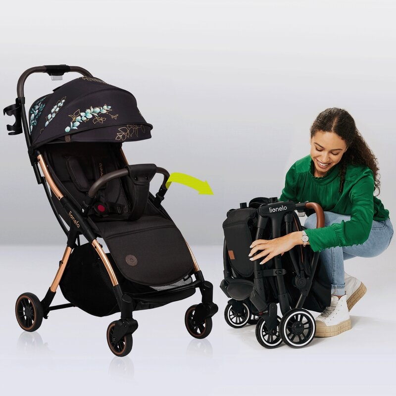 Carucior sport, Lionelo, Julie One, Editie limitata Golden Moments, De la nastere, Greutate redusa, Cu accesorii, Cadru din aluminiu, 0-22 kg, Conform cu standardele europene de securitate EN1888-1 si EN1888-2, Negru