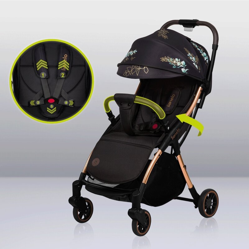Carucior sport, Lionelo, Julie One, Editie limitata Golden Moments, De la nastere, Greutate redusa, Cu accesorii, Cadru din aluminiu, 0-22 kg, Conform cu standardele europene de securitate EN1888-1 si EN1888-2, Negru