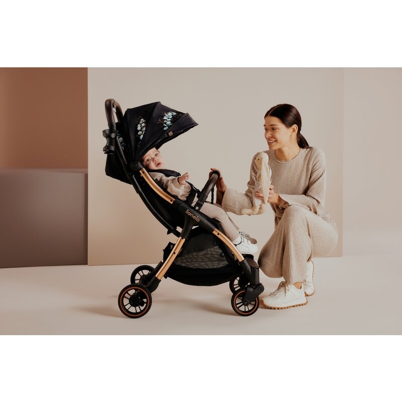 Carucior sport, Lionelo, Julie One, Editie limitata Golden Moments, De la nastere, Greutate redusa, Cu accesorii, Cadru din aluminiu, 0-22 kg, Conform cu standardele europene de securitate EN1888-1 si EN1888-2, Negru