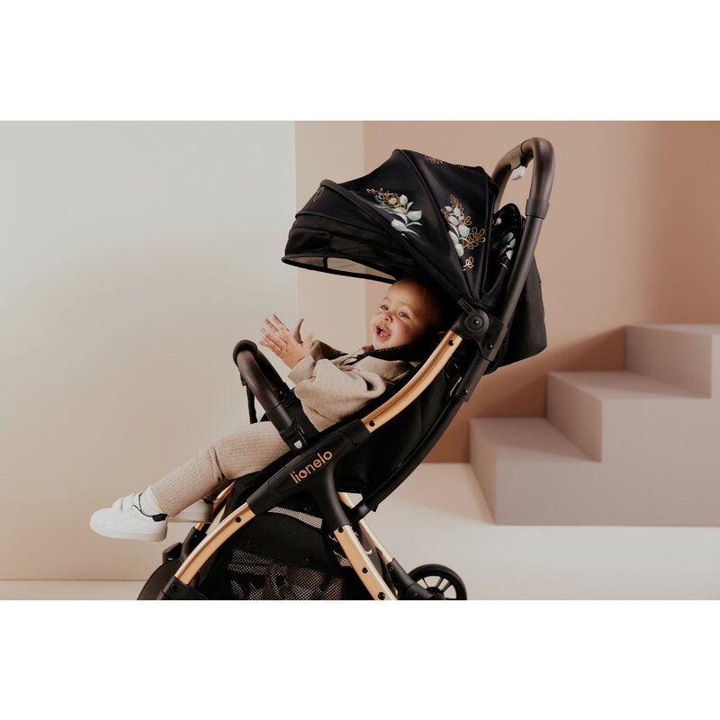Carucior sport, Lionelo, Julie One, Editie limitata Golden Moments, De la nastere, Greutate redusa, Cu accesorii, Cadru din aluminiu, 0-22 kg, Conform cu standardele europene de securitate EN1888-1 si EN1888-2, Negru
