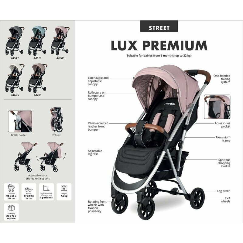 Carucior sport pliabil automat Lux Usor 6.6 Kg Tehnologie inovatoare One-Hand Folding De la 6 luni pana la 22 kg Din aluminiu Cu benzi reflectorizante pe capotina FreeON Grey