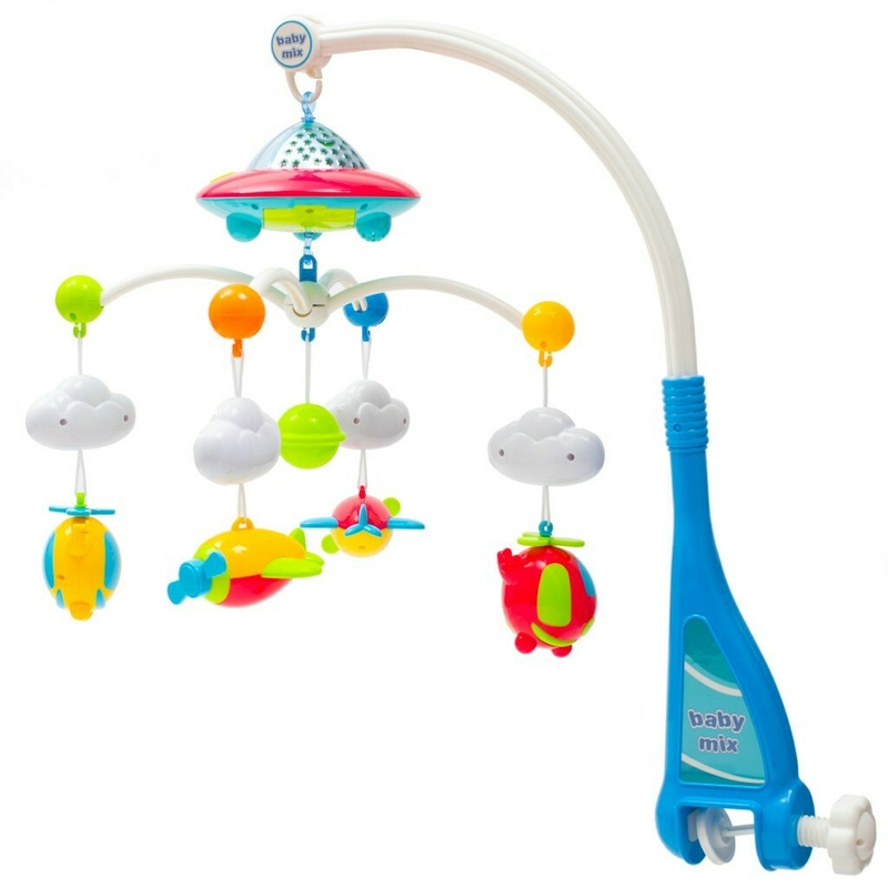 Carusel muzical pentru patut bebelusi, Cu proiectii, Cu 107 melodii si sunete ale naturii, Cu 4 jucarii, Baby Mix, Blue