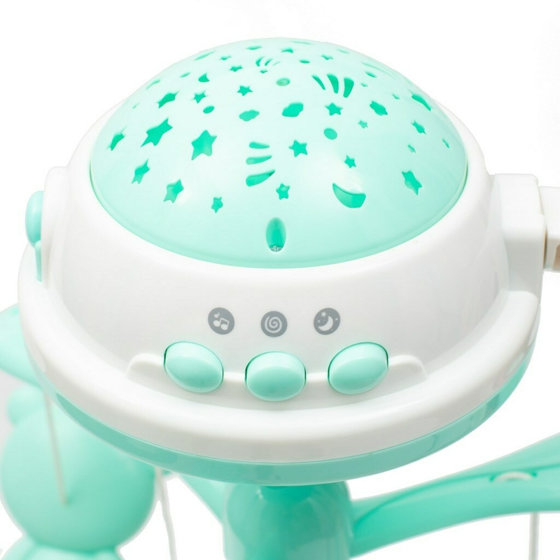 Carusel muzical pentru patut bebelusi, Cu proiectii, Cu melodii si sunete ale naturii, Cu 10 jucarii si ceas de jucarie pe suport, Baby Mix, Mint