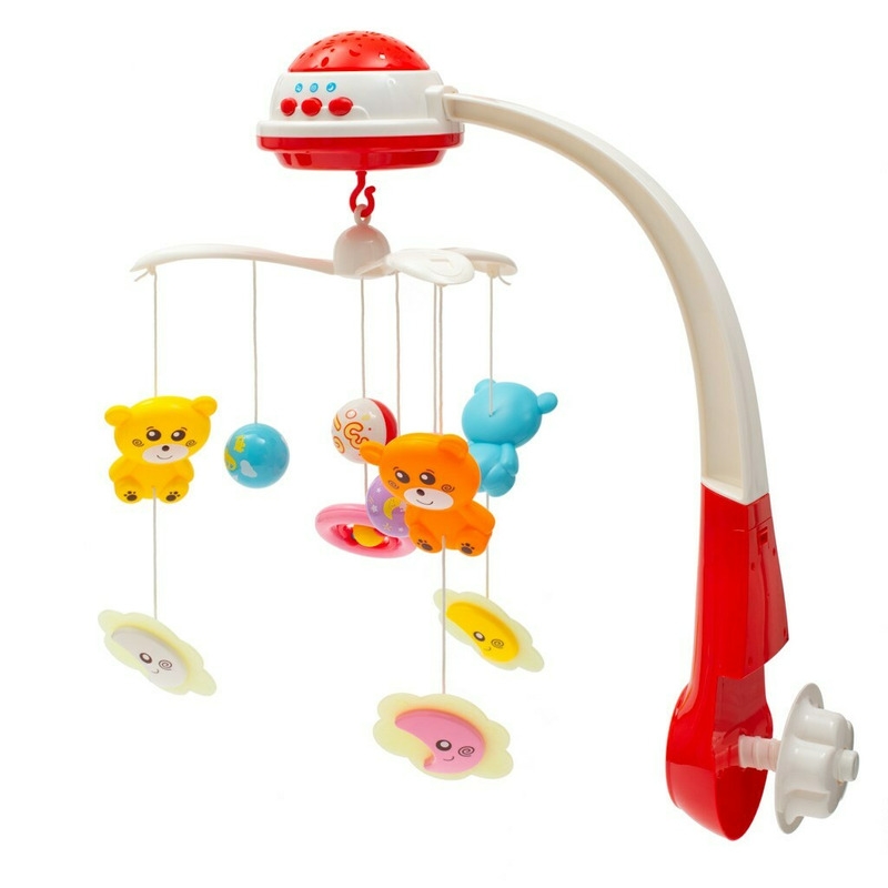 Carusel muzical pentru patut bebelusi, Cu proiectii, Cu melodii si sunete ale naturii, Cu 11 jucarii, Baby Mix, Red
