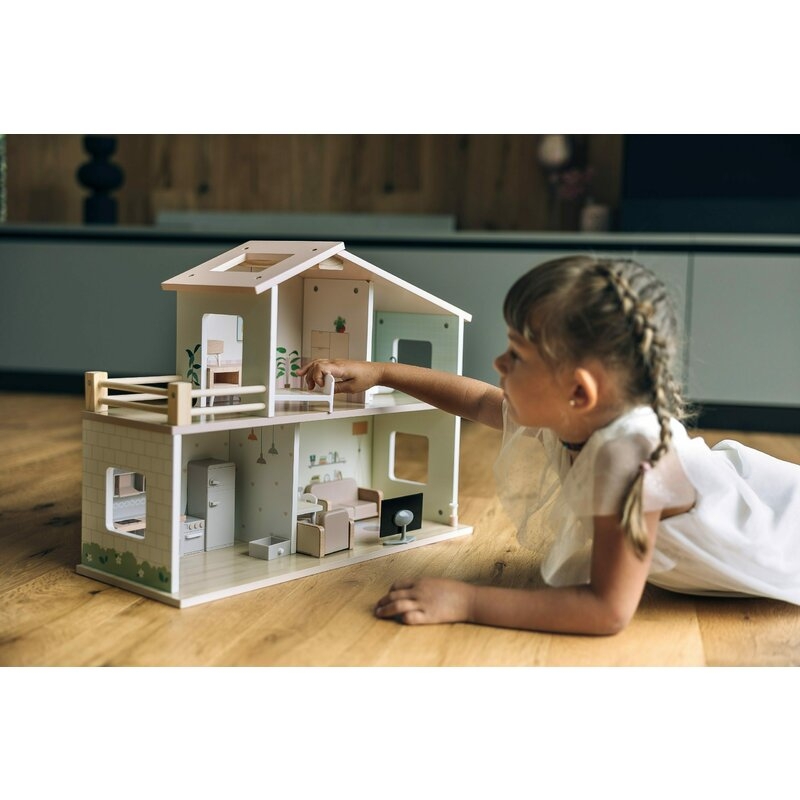 Casuta de papusi, Free2Play, Din lemn, Cu 13 piese de mobilier, Cu acces facil, 52 x 19,5 x 40 cm, 36 luni+, Multicolor