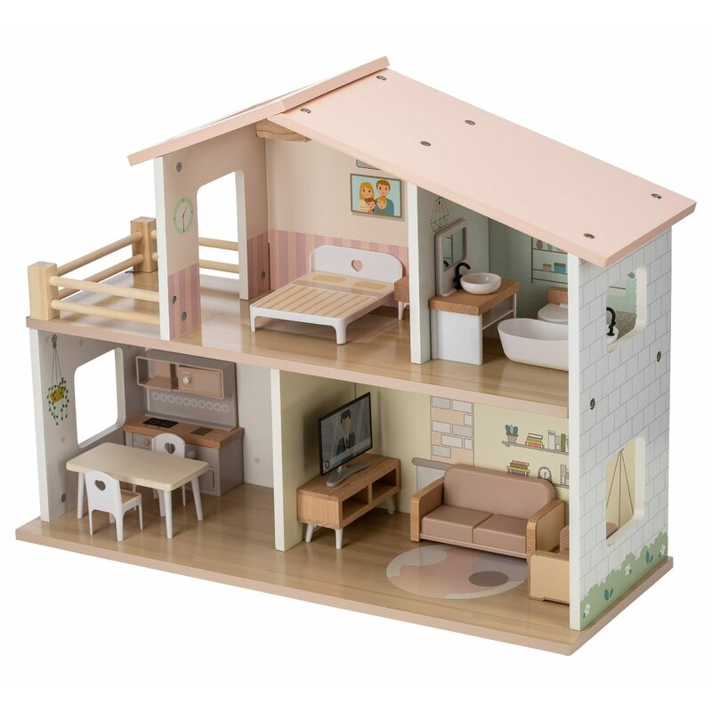Casuta de papusi, Free2Play, Din lemn, Cu 13 piese de mobilier, Cu acces facil, 52 x 19,5 x 40 cm, 36 luni+, Multicolor