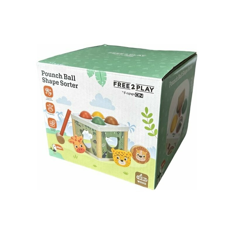 Centru de activitati, Free2Play, Cu figurine, Cu ciocanel, Din lemn, Conform cu standardul european de securitate EN71/123, 15 x 15 x 12 cm, 12 luni+, Multicolor