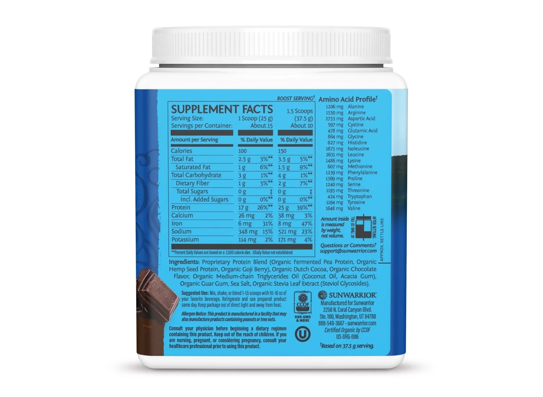 Proteina organica vegana cu aroma de ciocolata, 375 g, Sunwarrior