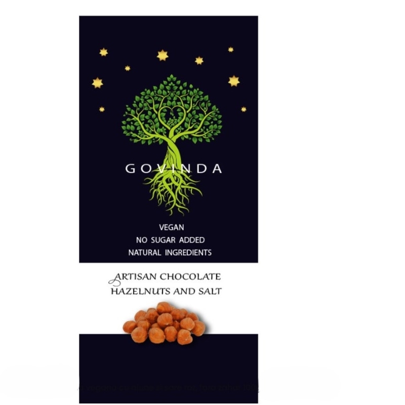 Ciocolata vegana artizanala cu alune si sare, 100 g, Govinda