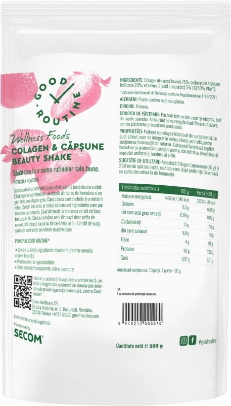 Colagen si capsune Beauty Shake Good Routine Wellness Foods, 200 g, Secom Colagen si capsune Beauty Shake Good Routine Wellness Foods, 200 g, Secom