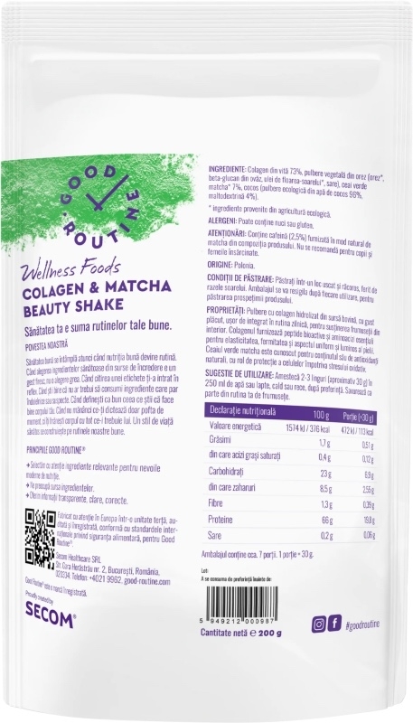 Colagen si matcha Beauty Shake Good Routine Wellness Foods, 200 g, Secom Colagen si matcha Beauty Shake Good Routine Wellness Foods, 200 g, Secom