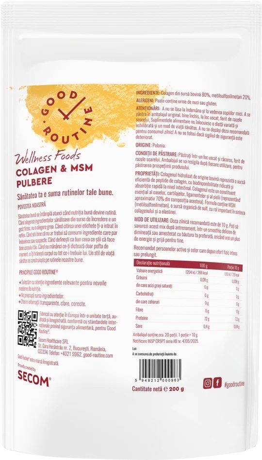 Colagen si MSM pulbere Good Routine Wellness Foods, 200 g, Secom Colagen si MSM pulbere Good Routine Wellness Foods, 200 g, Secom