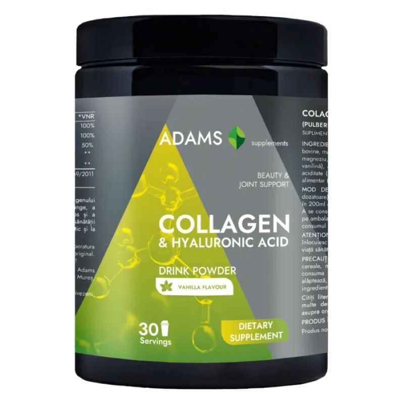 Collagen si HA pulbere instant cu aroma de vanilie, 600 g, Adams Supplements