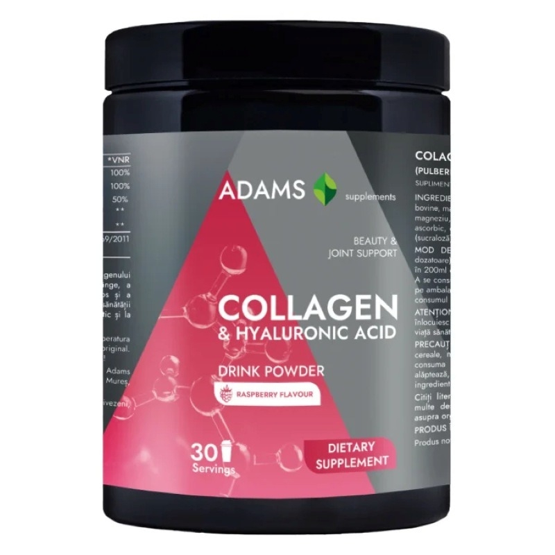 Collagen si HA pulbere instant cu aroma de zmeura, 600 g, Adams Supplements