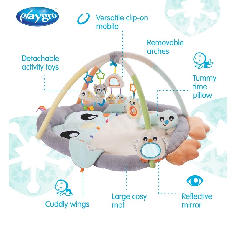 Covoras educational, Playgro, Penguin, Pentru copii, Interactiv, Multifunctional, Pentru activitati fizice, Cu elemente detasabile, 0 luni+, Snuggle Me Penguin Tummy Time Gym-Bag