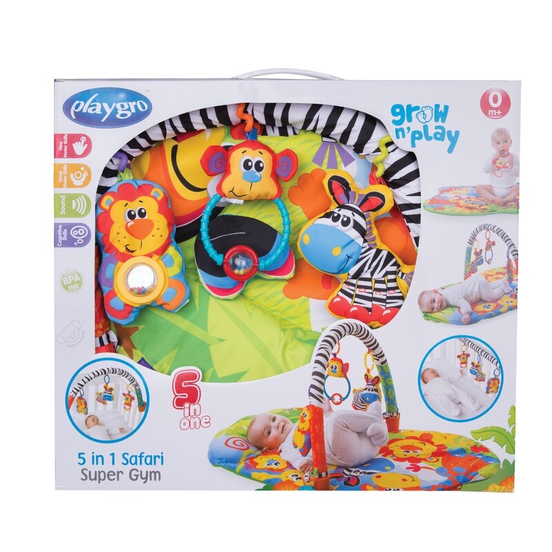 Covoras educational, Playgro, Pentru copii, Interactiv, Multifunctional, Pentru activitati fizice, Cu elemente detasabile, 0 luni+, 5 in 1 Safari Super Gym