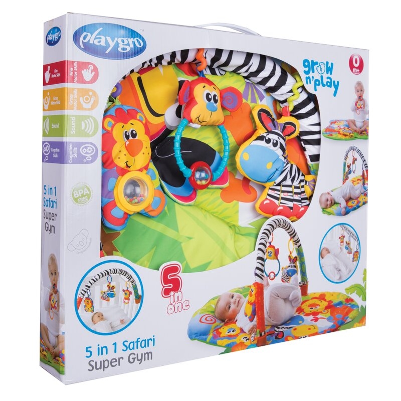 Covoras educational, Playgro, Pentru copii, Interactiv, Multifunctional, Pentru activitati fizice, Cu elemente detasabile, 0 luni+, 5 in 1 Safari Super Gym