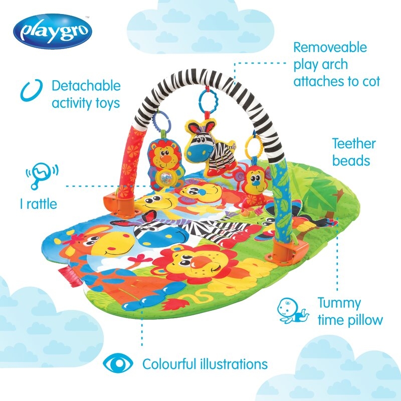 Covoras educational, Playgro, Pentru copii, Interactiv, Multifunctional, Pentru activitati fizice, Cu elemente detasabile, 0 luni+, 5 in 1 Safari Super Gym