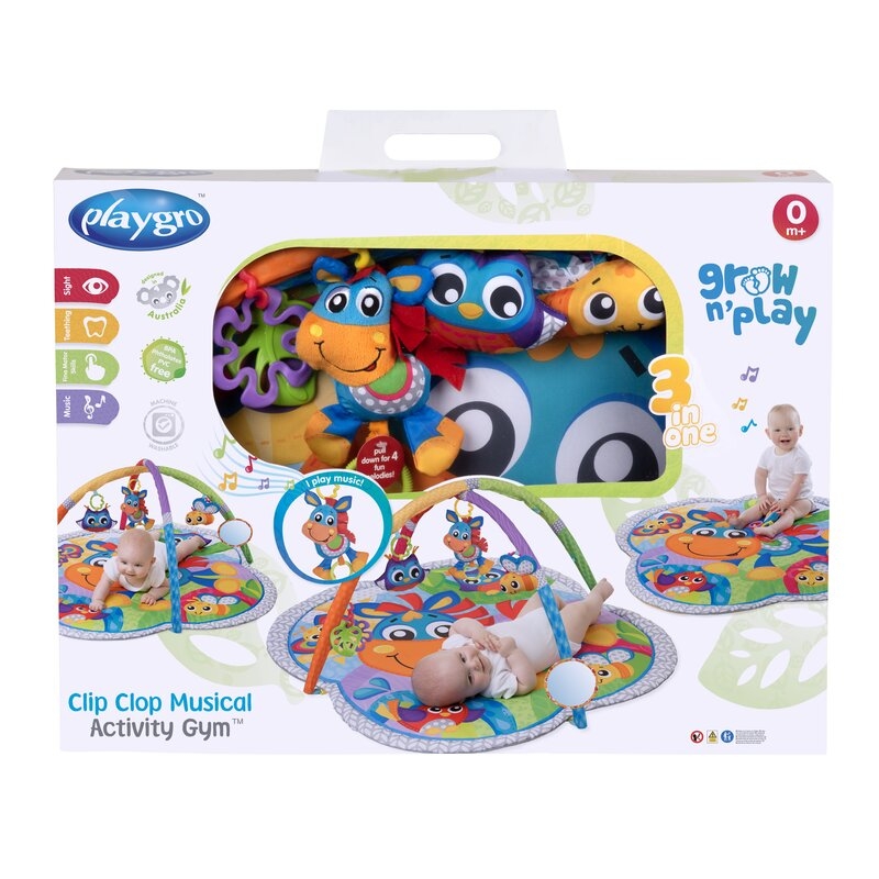 Covoras educational, Playgro, Pentru copii, Interactiv, Multifunctional, Pentru activitati fizice, Cu elemente detasabile, 0 luni+, Clip Clop Musical Activity Gym