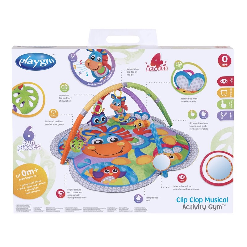 Covoras educational, Playgro, Pentru copii, Interactiv, Multifunctional, Pentru activitati fizice, Cu elemente detasabile, 0 luni+, Clip Clop Musical Activity Gym