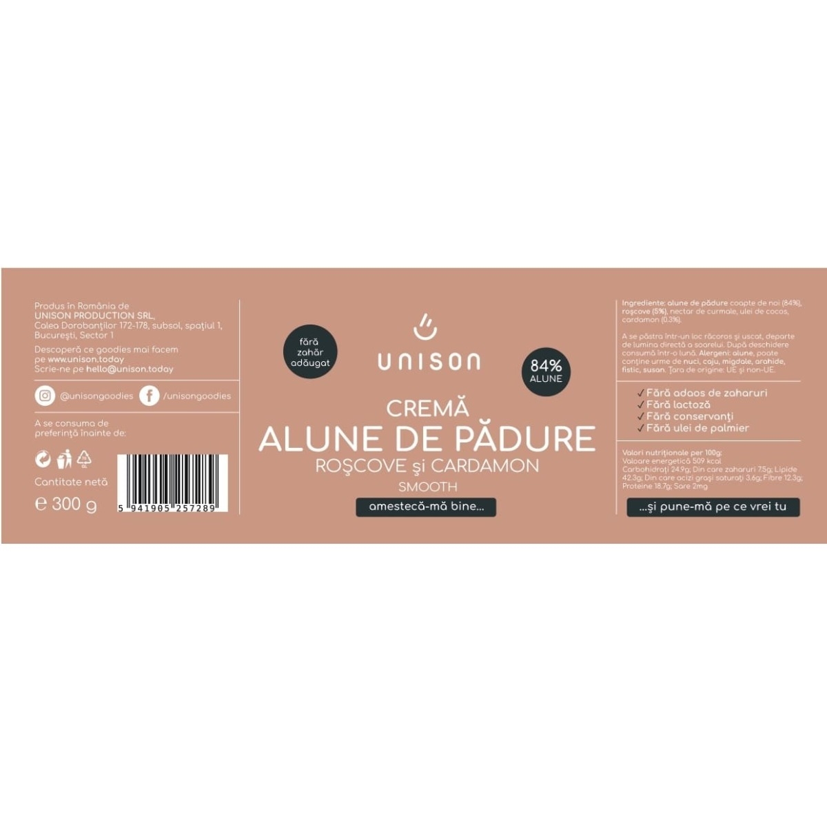 Crema de alune de padure cu roscove si cardamon, 300 g, Unison