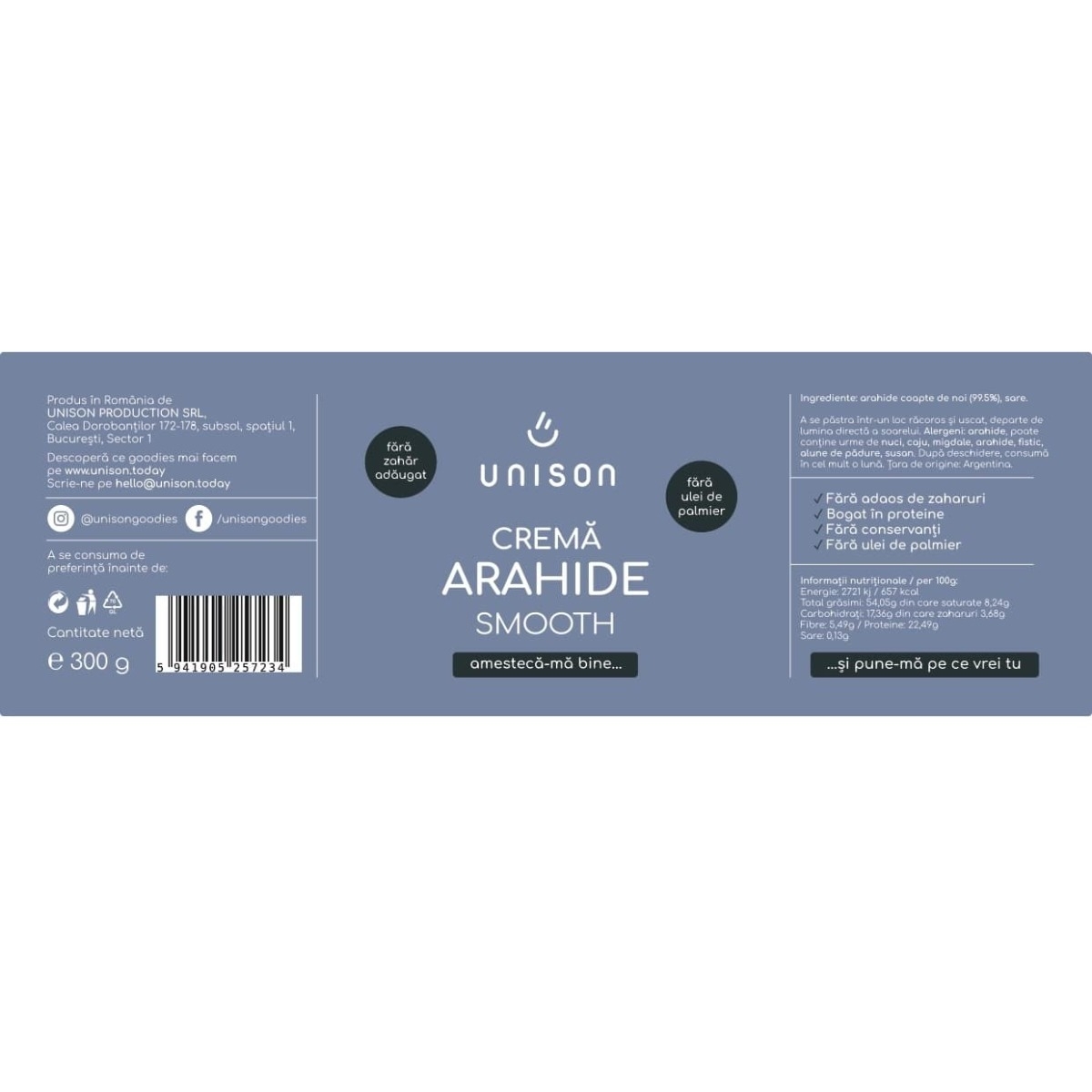 Crema de arahide Smooth, 300 g, Unison