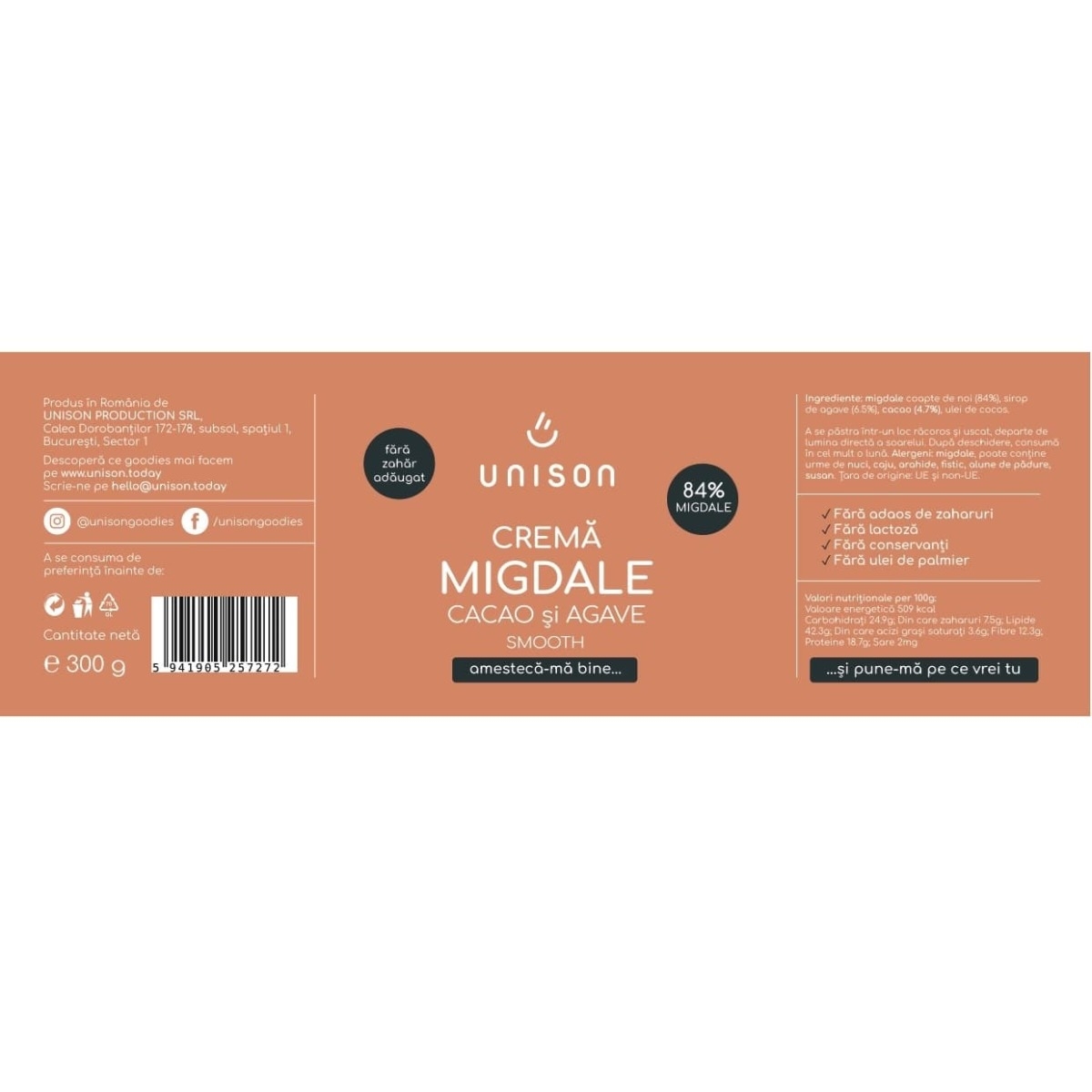 Crema de migdale cu cacao si agave, 300 g, Unison