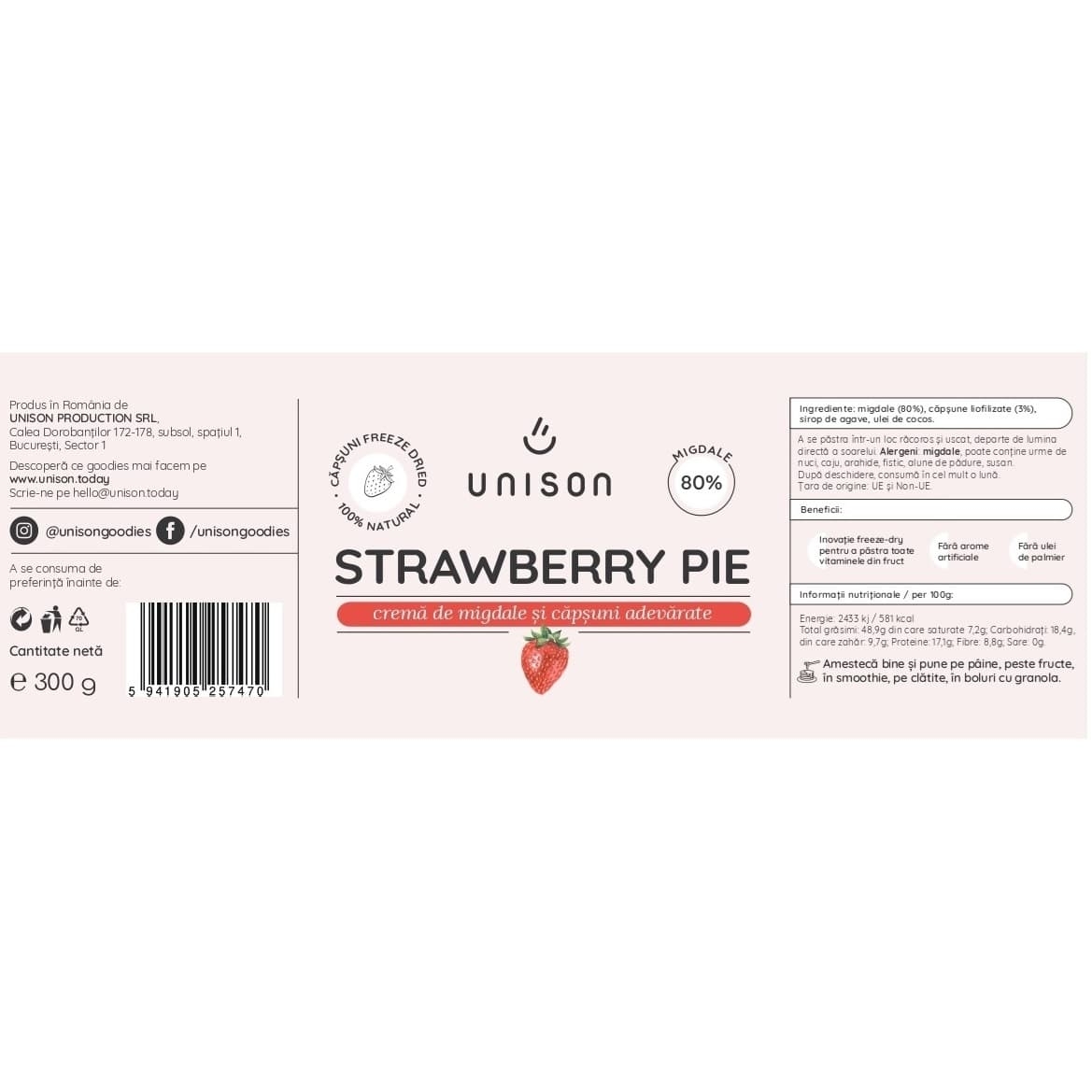 Crema de migdale si capsuni Strawberry Pie, 300 g, Unison