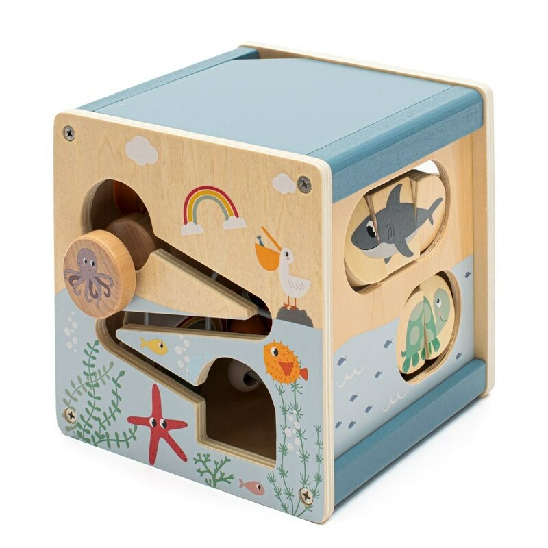 Cub de activitati, Baby Mix, Cu 5 suprafete de joaca, Labirint, piese rotative, sortator de forme si pista de margele, Dezvolta abilitatile motorii fine si gandirea logica, 12 luni+, Ocean