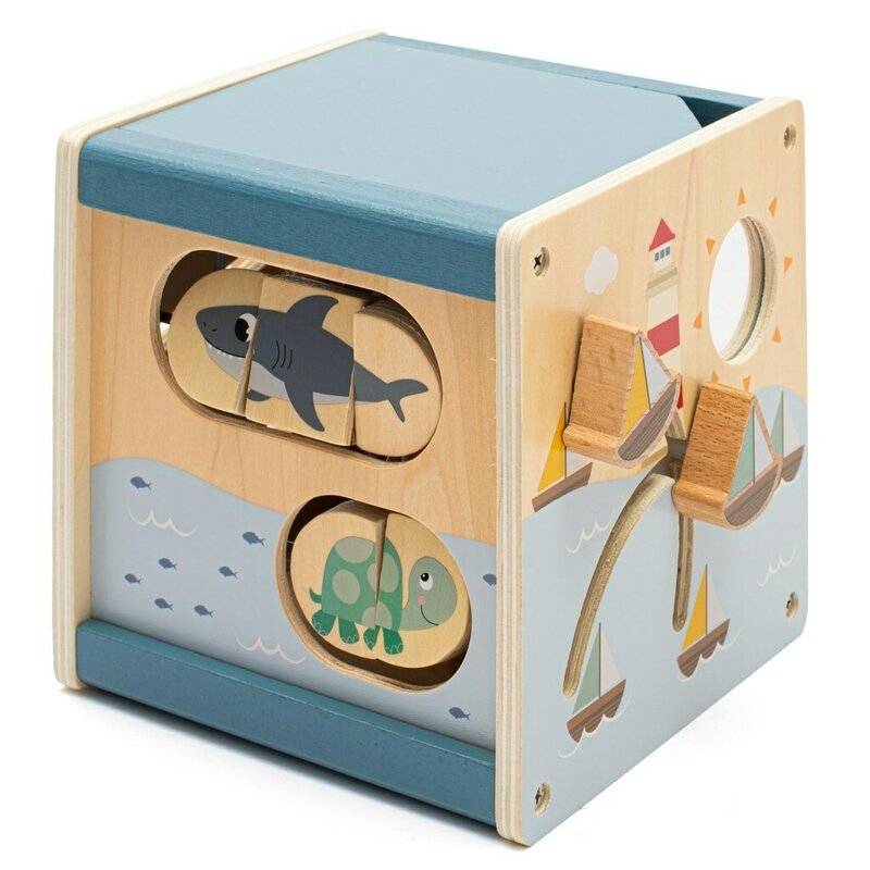 Cub de activitati, Baby Mix, Cu 5 suprafete de joaca, Labirint, piese rotative, sortator de forme si pista de margele, Dezvolta abilitatile motorii fine si gandirea logica, 12 luni+, Ocean