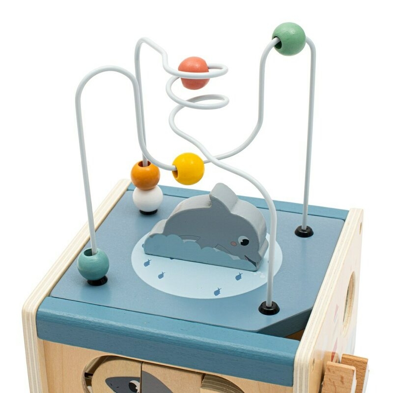 Cub de activitati, Baby Mix, Cu 5 suprafete de joaca, Labirint, piese rotative, sortator de forme si pista de margele, Dezvolta abilitatile motorii fine si gandirea logica, 12 luni+, Ocean