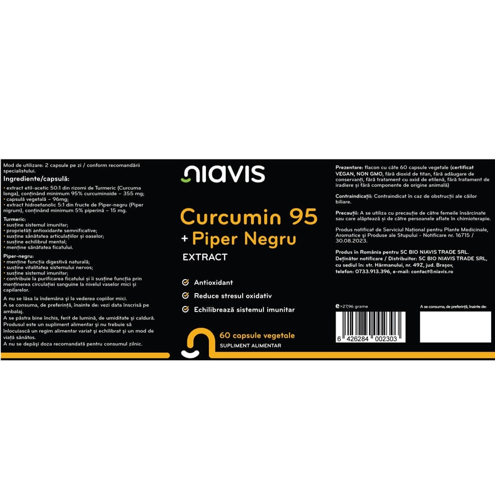 Curcumin 95 + piper negru extract, 60 capsule, Niavis