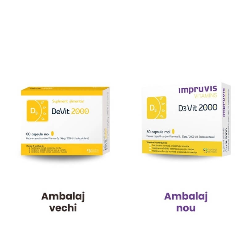 Vitamina D3 2000 U.I. D3Vit Impruvis Vitamins, 60 capsule moi, Pharma Brands Vitamina D3 2000 U.I. D3Vit Impruvis Vitamins, 60 capsule moi, Pharma Brands