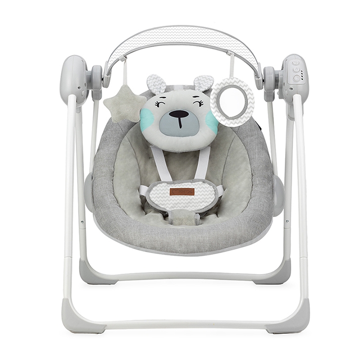 Leagan pentru bebelusi, MoMi LISS Bear, Gri/Turcoaz, 5 viteze de balansare, Cronometru, Alimentare baterii, 8 melodii, 2 jucarii incluse, Centura in 5 puncte