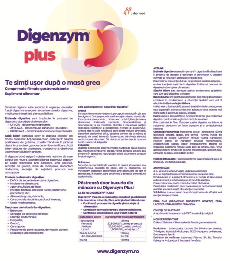 Digenzym Plus, 20 comprimate filmate, Labormed