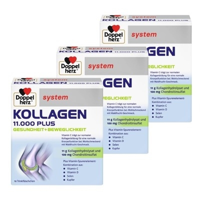 Pachet promo Doppelherz System Kollagen 11000 Plus, 30 flacoane buvabile (3 cutii x 10 fiole solutie orala)