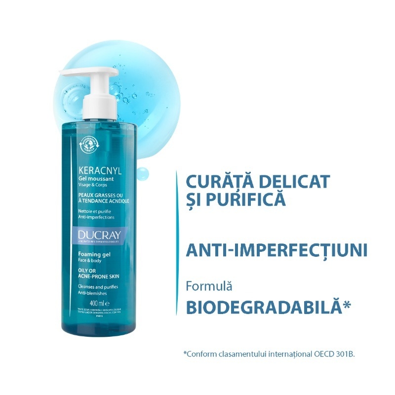 Gel spumant pentru pielea cu tendinta acneica Keracnyl, 400 ml, Ducray