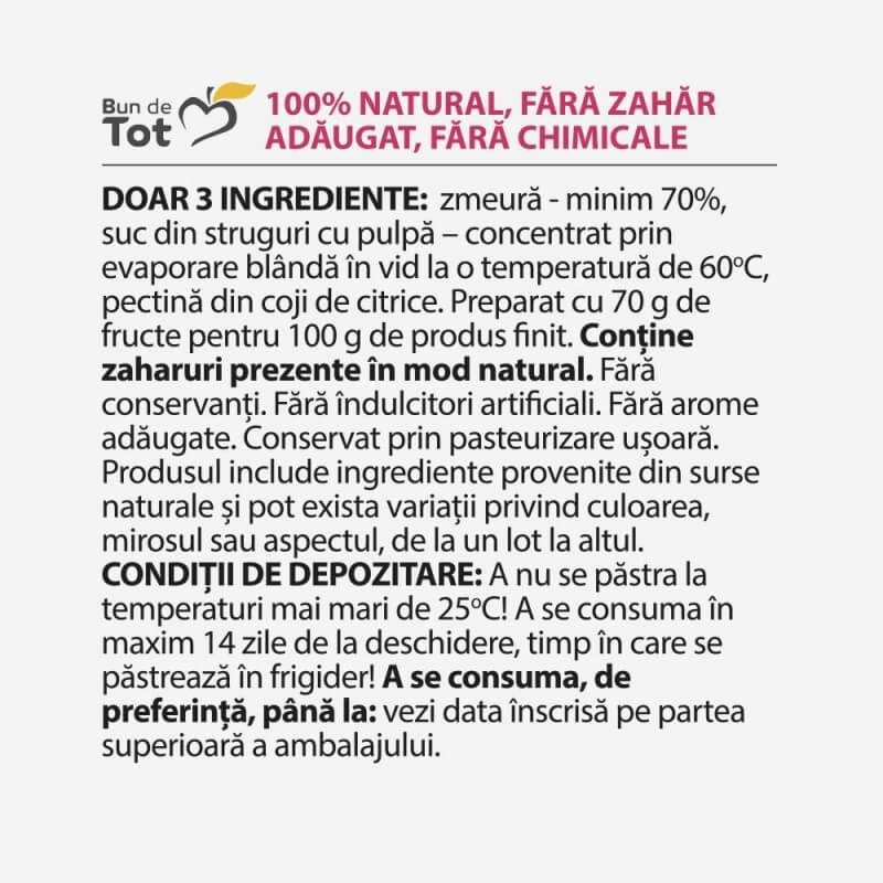 Dulceata de zmeura fara zahar, 360 g, Dacia Plant