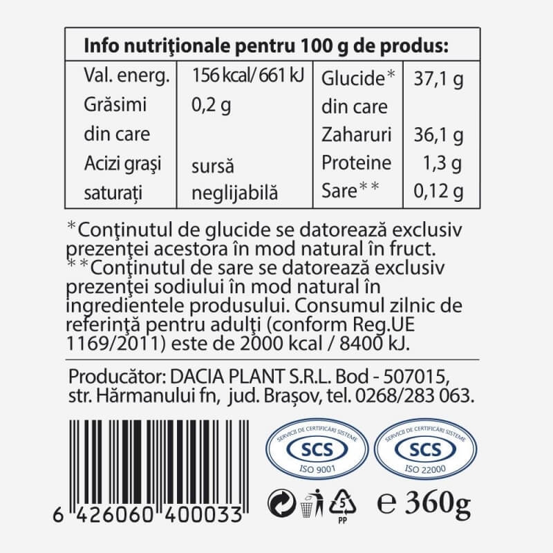Dulceata de zmeura fara zahar, 360 g, Dacia Plant
