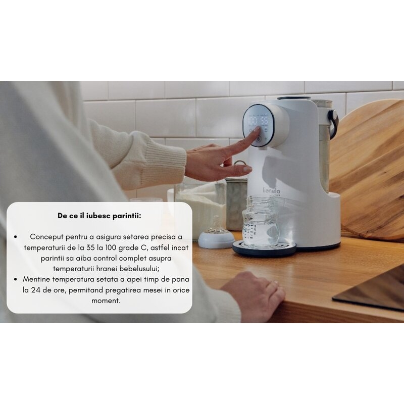 Espressor pentru lapte praf, Lionelo, Baby Presto, Functie declorizare si dozare a apei, Cu afisaj digital LED, Cu rezervor de 2 L, Alb