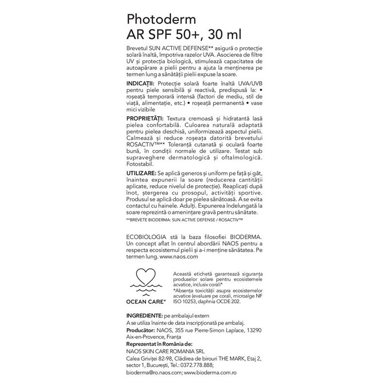 Protectie solara foarte inalta anti-roseata AR SPF50+ Photoderm, 30 ml, Bioderma