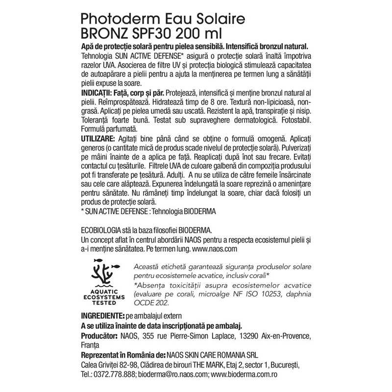 Apa cu protectie solara SPF 30 Photoderm Bronz, 200 ml, Bioderma