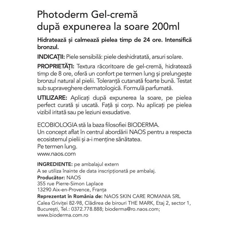 Gel-crema dupa expunerea la soare Photoderm, 200 ml, Bioderma