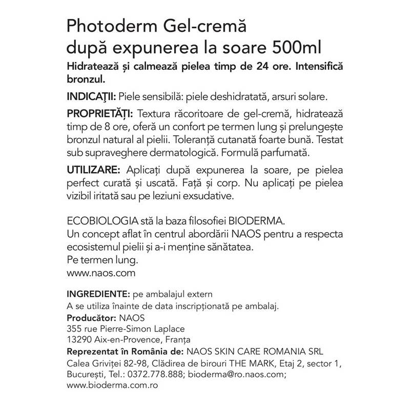 Gel-crema dupa expunerea la soare Photoderm, 500 ml, Bioderma