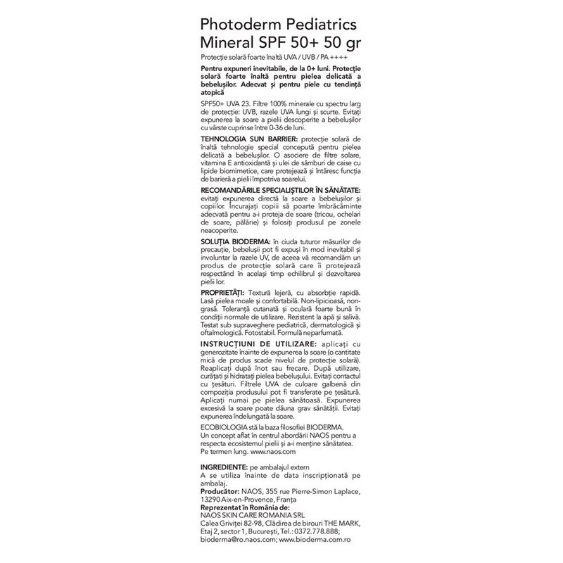 Crema minerala protectie solara pentru copii Photoderm Pediatrics, SPF 50+, 50g, Bioderma