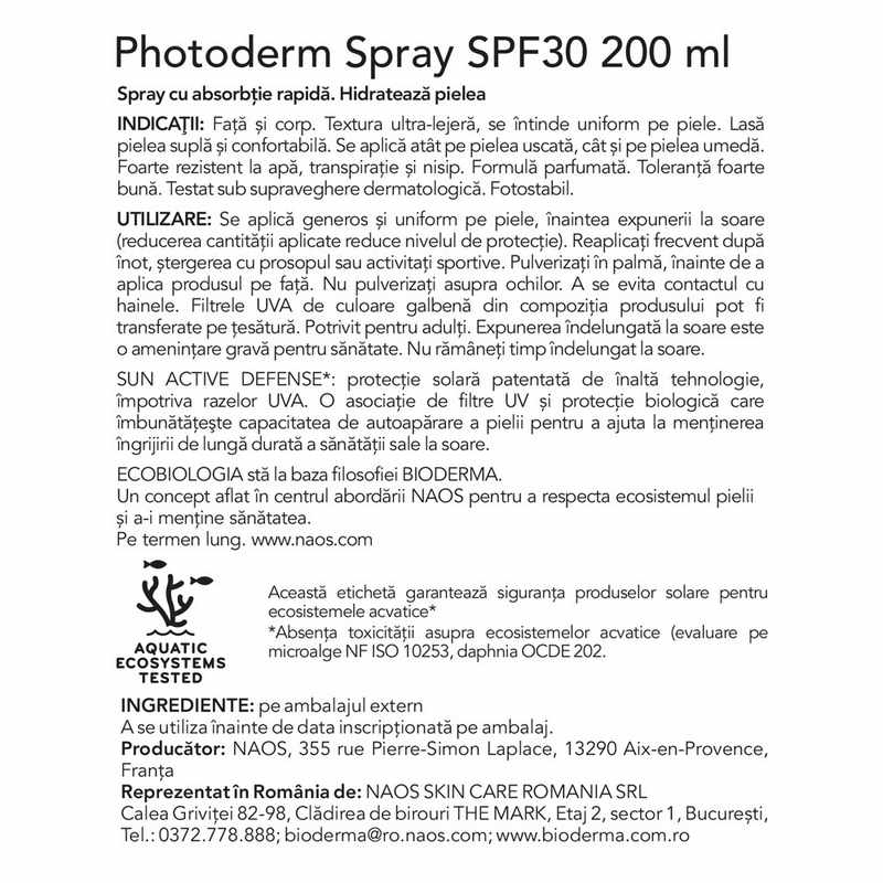 Spray protectie solara Photoderm, SPF 30, 200 ml, Bioderma
