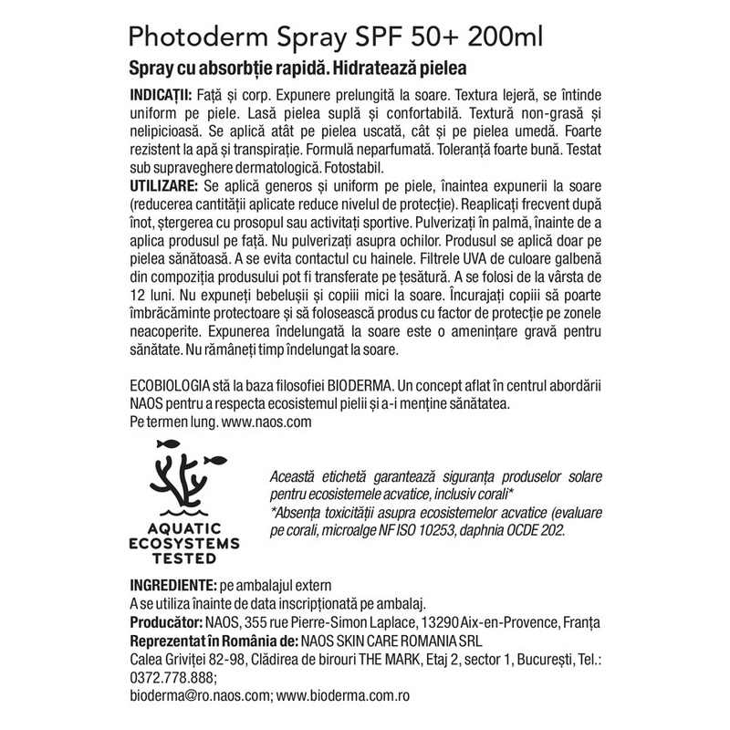 Spray protectie solara pentru piele sensibila Photoderm, SPF 50+, 200 ml, Bioderma