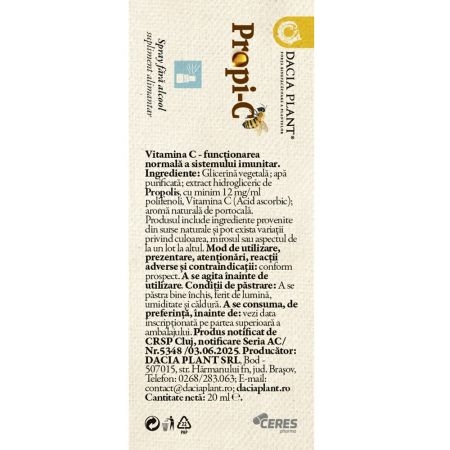 Spray fara alcool cu extract de propolis si vitamina C Propi-C, 20 ml, Dacia Plant