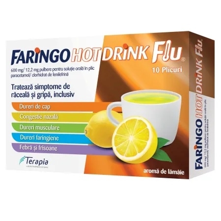Faringo Hot Drink Flu, 600 mg/12.2 mg, 10 plicuri, Terapia Faringo Hot Drink Flu, 600 mg/12.2 mg, 10 plicuri, Terapia