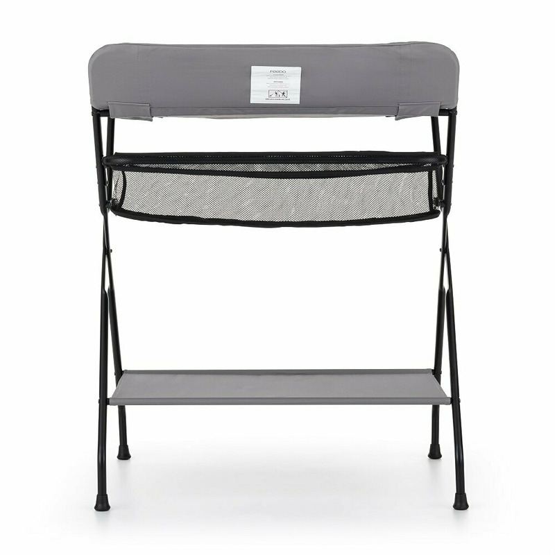 Feedo - Masuta multifunctionala pentru infasat si schimbat scutece, Pliabila, Cu raft pentru depozitare si compartiment lateral, Realizata din fier, panza si in, 80.5 x 67 x 102.5 cm, Gri